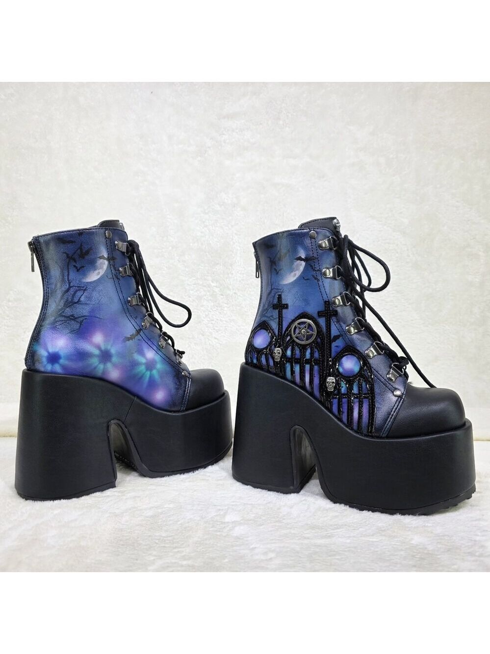 NIB NEW Camel 203 Moonlit Graveyard Print Charms Platform Goth Punk Ankle Boots - Picture 2 of 13
